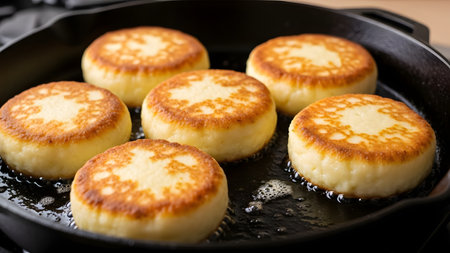 Golden brown cheese pancakes, known as Syrniki, frying in a black cast iron skillet. The close-up shot highlights the appetizing crust and the sizzling oil during the cooking process.の素材