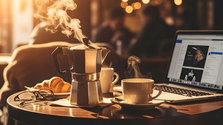 A steaming moka pot and a cup of hot coffee sit next to a laptop and a croissant on a wooden cafe table. The warm, inviting atmosphere suggests a productive morning or a remote working session in a cozy coffee shop.の素材