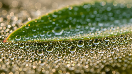 An extreme close-up macro shot of a green leaf covered in tiny, spherical dew drops. The image highlights the intricate texture of the leaf surface and the refreshing clarity of the water droplets in natural light.の素材