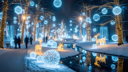 A winter park magically illuminated with blue and gold Christmas lights wrapped around trees and shaped like deer. The snowy ground and reflections in the stream create a festive and enchanting holiday scene.の素材