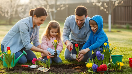 A happy family consisting of parents and two children planting flowers in their backyard garden. They are kneeling on the grass, using trowels and pots, enjoying quality time together in the spring sunshine.の素材