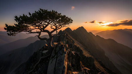 A resilient pine tree grows out of a rocky mountain ridge, silhouetted against a breathtaking golden sunset. The dramatic landscape features jagged peaks fading into the distance under a warm, glowing sky, symbolizing endurance and natural beauty.の素材