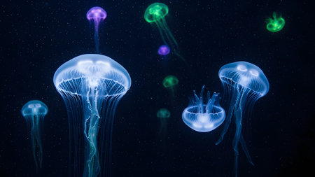A group of translucent jellyfish floats gracefully in dark, deep blue water, illuminated with bioluminescent hues of blue, green, and purple. Their long tentacles trail behind them in this mesmerizing underwater scene.の素材