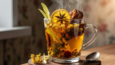 A glass cup of hot herbal tea infused with dried orange slices star anise and chamomile flowers. Steam rises from the golden liquid creating a warm and cozy atmosphere on a wooden table.の素材