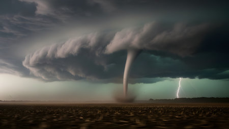 A massive, swirling tornado funnel touches down in a desolate open field beneath a dark, ominous supercell cloud structure. A bolt of lightning strikes in the distance, adding to the dramatic and dangerous atmosphere of the severe weather event.の素材