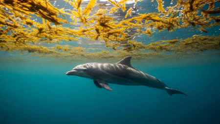 A dolphin swims gracefully just below the ocean surface, framed by a vibrant canopy of floating yellow sargassum seaweed. The clear blue water highlights the marine mammal's sleek form in this unique underwater nature shot.の素材