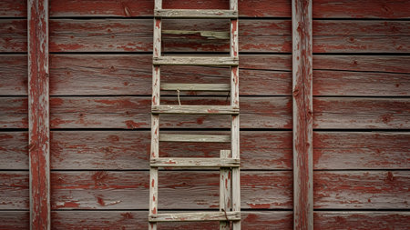 An old, weathered wooden ladder leans against the textured red siding of a rustic barn. The peeling paint and rough wood grain tell a story of age and hard work, creating a classic image of farm life and maintenance.の素材