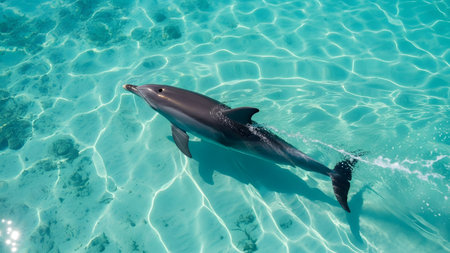 A bottlenose dolphin swims elegantly through crystal-clear turquoise waters, viewed from above. The sunlight reflects on the sandy ocean floor below, highlighting the dolphin's sleek form and the tropical paradise environment.の素材