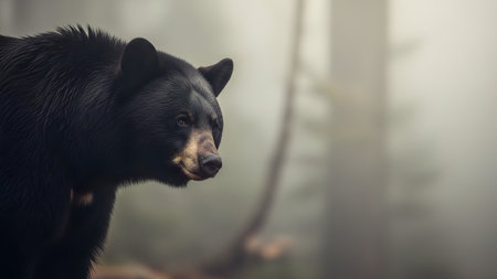 A close-up profile view of a black bear standing in a misty, atmospheric forest. The bear's dark fur contrasts with the soft, foggy background of pine trees, creating a moody and wild wildlife portrait.の素材