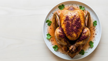 A beautifully roasted whole chicken is seasoned with red spices and garnished with fresh parsley leaves. The golden-brown bird is presented on a white plate, ready for a festive or family dinner.の素材