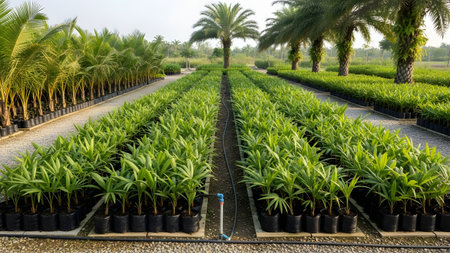Neat rows of young palm trees in black nursery bags line a gravel path in an agricultural plantation. Large mature palms stand in the background, illustrating the stages of commercial plant cultivation.の素材