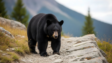 A large black bear walks directly towards the camera on a rocky mountain trail. The background features a blurred mountain slope with pine trees, highlighting the bear in its natural wild habitat.の素材