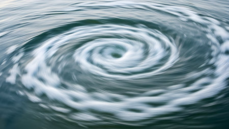 A mesmerizing top-down view of a water vortex or whirlpool, captured with motion blur to emphasize the speed of the swirling current. The blue and white foam creates a dynamic spiral pattern on the water's surface.の素材