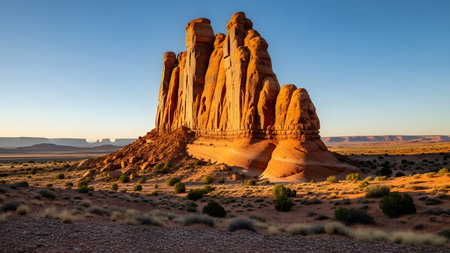 A massive, towering red sandstone rock formation stands prominently in a desert landscape, illuminated by the warm light of sunset. The rugged vertical cliffs contrast with the flat, scrubby terrain at the base, characteristic of the American Southwest. The golden hour lighting enhances the deep orange and red hues of the geology.の素材