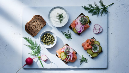 An elegant flat-lay arrangement of open-faced sandwiches topped with smoked salmon, cucumber, radish, and dill. Served on a light stone board with sides of cream cheese and capers, it represents a healthy gourmet meal.の素材