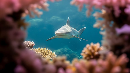 A white-tipped reef shark swims gracefully through clear blue ocean waters, viewed through a natural frame of pink and purple coral. The underwater scene highlights the beauty and vibrancy of the marine ecosystem.の素材