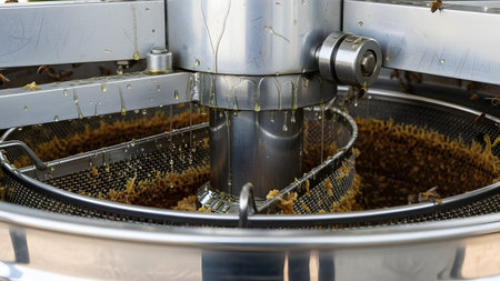 A stainless steel honey extractor spins honeycomb frames, using centrifugal force to harvest the honey. Golden honey droplets are visible flinging from the comb and dripping down the metal machinery, illustrating the beekeeping extraction process.の素材