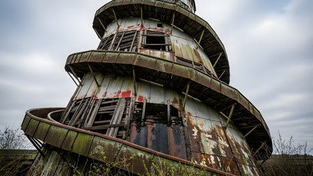 A low-angle view of a creepy, abandoned wooden tower structure with peeling paint and broken slats. The dilapidated building features a spiral ramp or walkway, evoking a sense of decay and forgotten history.の素材