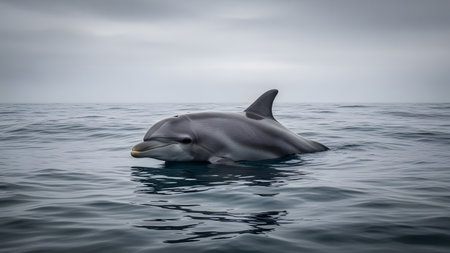 A bottlenose dolphin swims calmly at the surface of the ocean under a cloudy sky. The grey water and soft lighting create a moody, naturalistic marine atmosphere.の素材
