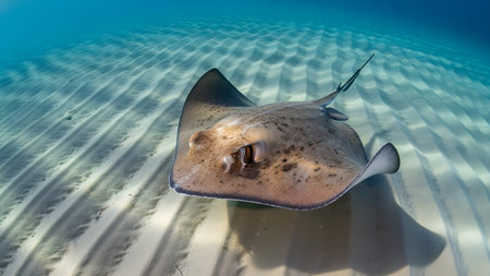 A stingray glides effortlessly over a rippled sandy ocean floor in crystal clear turquoise water. The sunlight creates wave patterns on the sand, complementing the flat, camouflaged body of the marine animal. This underwater shot captures the peaceful movement of the ray in its tropical habitat.の素材