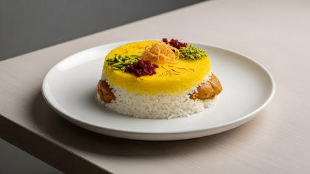 A beautifully presented Persian rice cake, likely Tahchin, featuring vibrant yellow saffron rice layered with chicken or meat. The dish is garnished with barberries, pistachios, and fried onions, showcasing elegant culinary artistry.の素材