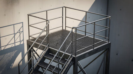 An industrial metal staircase and platform with safety railings against a concrete wall. The structure features a grate floor and clean lines casting shadows in the sunlight.の素材