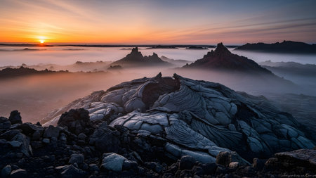 A dramatic volcanic landscape features rugged, solidified lava flows stretching towards jagged peaks under a vibrant sunrise. Mist clings to the valleys between the dark, rocky formations, creating a mystical and prehistoric atmosphere.の素材