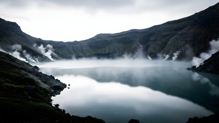 A dramatic volcanic crater lake shrouded in steam and mist rising from the water and geothermal vents. The moody and mysterious landscape captures the raw geological activity of a volcano.の素材