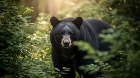 A magnificent black bear standing amidst the dense green foliage of a forest. The animal gazes directly at the camera, showcasing its thick fur and powerful presence in the wild.の素材