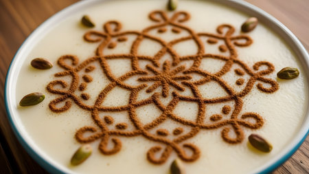 A bowl of creamy rice pudding dessert decorated with an intricate cinnamon powder pattern and garnished with green pistachios. The traditional sweet treat is presented in a white bowl, showcasing its smooth texture and artistic topping.の素材