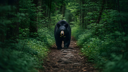 A large black bear walks directly towards the camera on a dirt path through a dense, green forest. The lush foliage frames the animal, highlighting its powerful presence in the wild.の素材