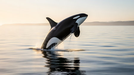 A spectacular shot of an Orca, or killer whale, breaching high out of the calm ocean water at sunset. The massive marine mammal is captured mid-air against a soft, golden sky, showcasing its power and agility.の素材