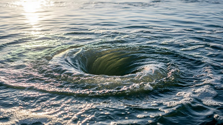 A powerful whirlpool vortex swirling on the ocean surface, creating a deep depression in the water. The spiral pattern and turbulent motion illustrate the force of natural currents.の素材