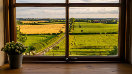 A picturesque view of rolling green and yellow farm fields seen through a wooden window frame. The golden sunlight illuminates the rural landscape, creating a warm and peaceful countryside atmosphere from an indoor perspective.の素材