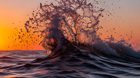 A dramatic close-up of an ocean wave splashing violently, illuminated by the warm orange light of sunset. The frozen water droplets and chaotic motion create an energetic abstract seascape.の素材
