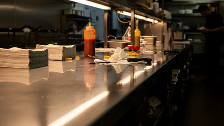 A messy commercial kitchen counter features a squeeze bottle of red sauce, napkins, and used utensils under warm lighting. The background shows a busy, blurred kitchen environment with staff working, depicting the chaotic reality of food service.の素材
