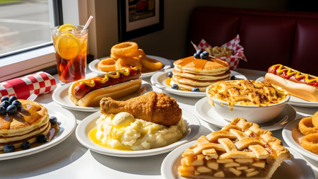 A table at a classic American diner is overflowing with comfort food, including fried chicken with mashed potatoes, stacks of pancakes, hot dogs, onion rings, and apple pie. The bright, sunlit scene evokes a hearty and indulgent meal.の素材