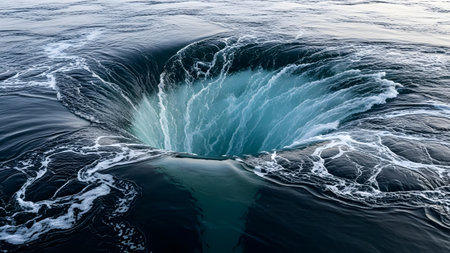 A terrifyingly large whirlpool or maelstrom swirling in the deep blue ocean, creating a massive central void. The frothy white water spirals downwards into the abyss, depicting the raw and dangerous power of nature.の素材