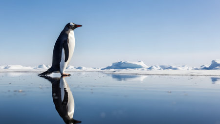 A solitary Gentoo penguin stands poised on a wet, icy surface, casting a clear reflection in the water below. The serene Antarctic landscape features a gradient blue sky and distant snowy formations, emphasizing the isolation and beauty of the region.の素材