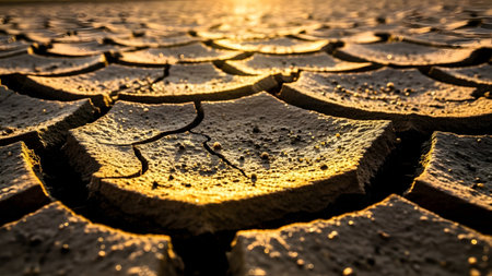 A dramatic close-up of dry, cracked earth illuminated by the golden light of sunset. The deep fissures and parched texture emphasize severe drought conditions and water scarcity. The warm lighting creates a high-contrast pattern, symbolizing the impact of heat and climate change on the land.の素材