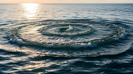 Concentric ripples spread across the surface of the ocean, disturbed by a central splash under the golden light of a setting sun. The calm water reflects the warm hues of the sky, creating a peaceful and abstract geometric pattern.の素材