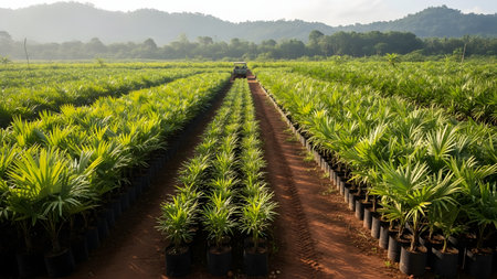 A sprawling plant nursery featuring neat rows of young palm trees in black potting bags, stretching towards a forested mountain background. A vehicle works in the distance, illustrating agricultural production and cultivation.の素材