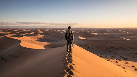 A solitary hiker stands on the ridge of a massive sand dune, looking out over a vast, rolling desert landscape at sunset. The golden light accentuates the curves of the dunes, capturing a moment of adventure and solitude in the wilderness.の素材