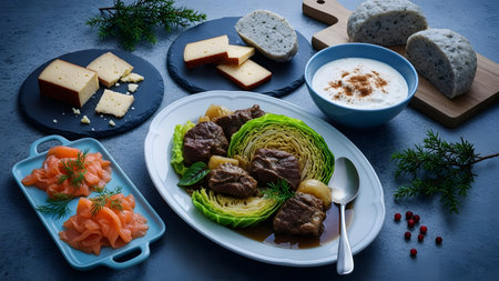 A hearty meal featuring braised meat with cabbage, sliced dumplings, cheeses, and a side of smoked salmon. The spread suggests a traditional European feast or a gourmet tasting platter.の素材