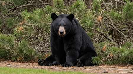 A large black bear sits calmly on the forest floor, backed by dense green pine branches. The bear looks directly at the camera with a calm expression, showcasing its thick black fur and powerful build in a natural woodland setting.の素材