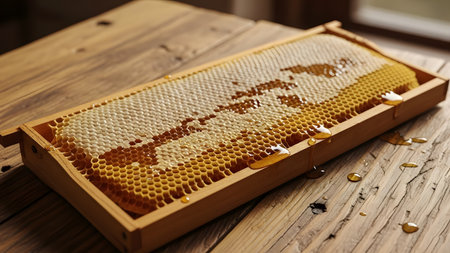 A wooden frame is packed with honeycomb cells filled with glistening golden honey. The frame rests on a rustic wooden table, showcasing the natural product of the hive.の素材