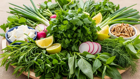 A vibrant platter of fresh aromatic herbs including basil, tarragon, and green onions, served with sliced radishes, lemon wedges, cubes of feta cheese, and walnuts. This healthy and colorful arrangement represents a traditional Persian Sabzi Khordan or a fresh vegetable appetizer board.の素材