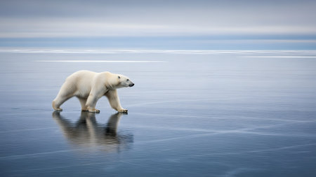 A solitary polar bear walks across a smooth, wet sheet of ice, creating a perfect reflection of its white fur. The minimalist landscape features a vast, flat horizon under a soft, overcast arctic sky.の素材