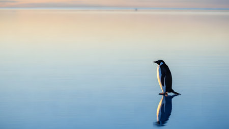 A solitary penguin stands tall on a smooth, reflective icy surface, likely in Antarctica, bathed in the soft pastel light of a sunset. The minimalist composition highlights the bird's silhouette against the calm, vast horizon.の素材