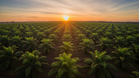 A vast landscape of a palm oil plantation with symmetrical rows of trees stretching to the horizon under a radiant sunrise. The morning sun casts long shadows over the field, highlighting the scale of the agricultural industry.の素材